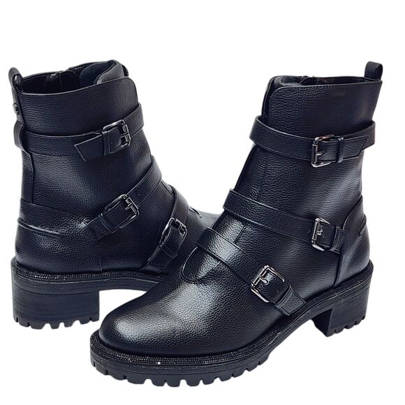 KENNETH COLE REACTION Tate Biker Jewel Lug Sole Booties Size 5 M Black - Picture 1 of 13